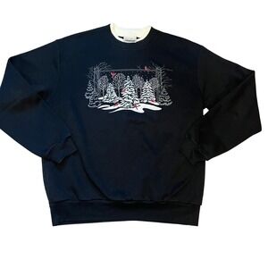 VTG 90s Top Stitch Morning Sun Black Cardinal Christmas Sweatshirt‎ Womens Large